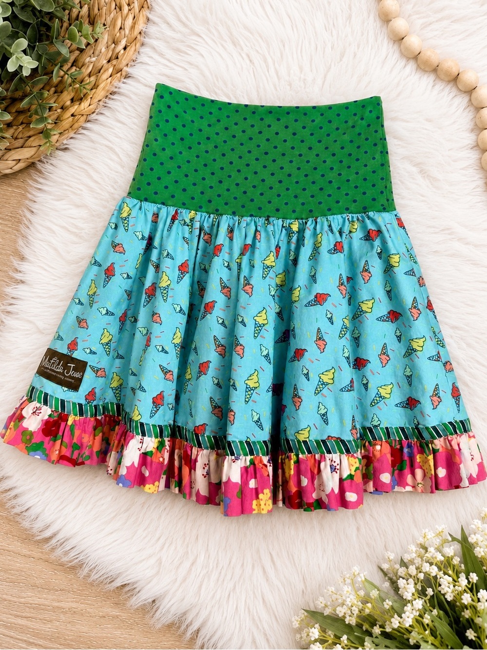 Matilda Jane Skirt Size‎ 6 Blue Green Ice Cream Cone Polka Dot Floral Ruffle Hem